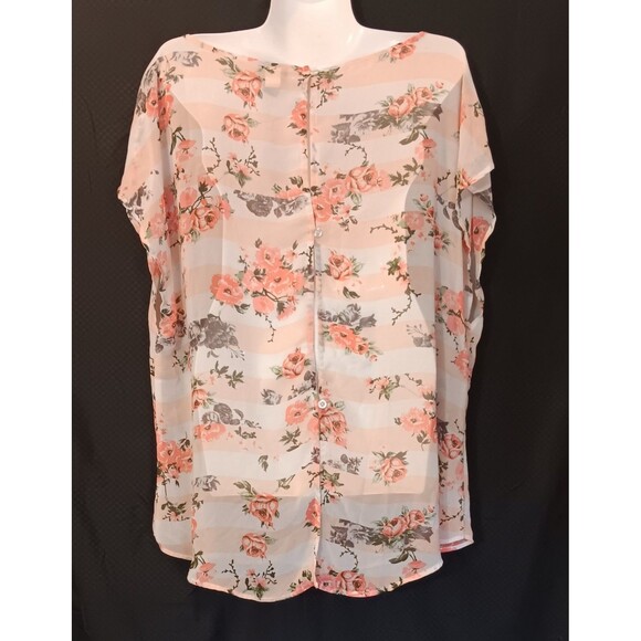 Torrid Pink White Green Striped Floral Print Hi/Lo Chiffon Blouse, 1X - Picture 1 of 6
